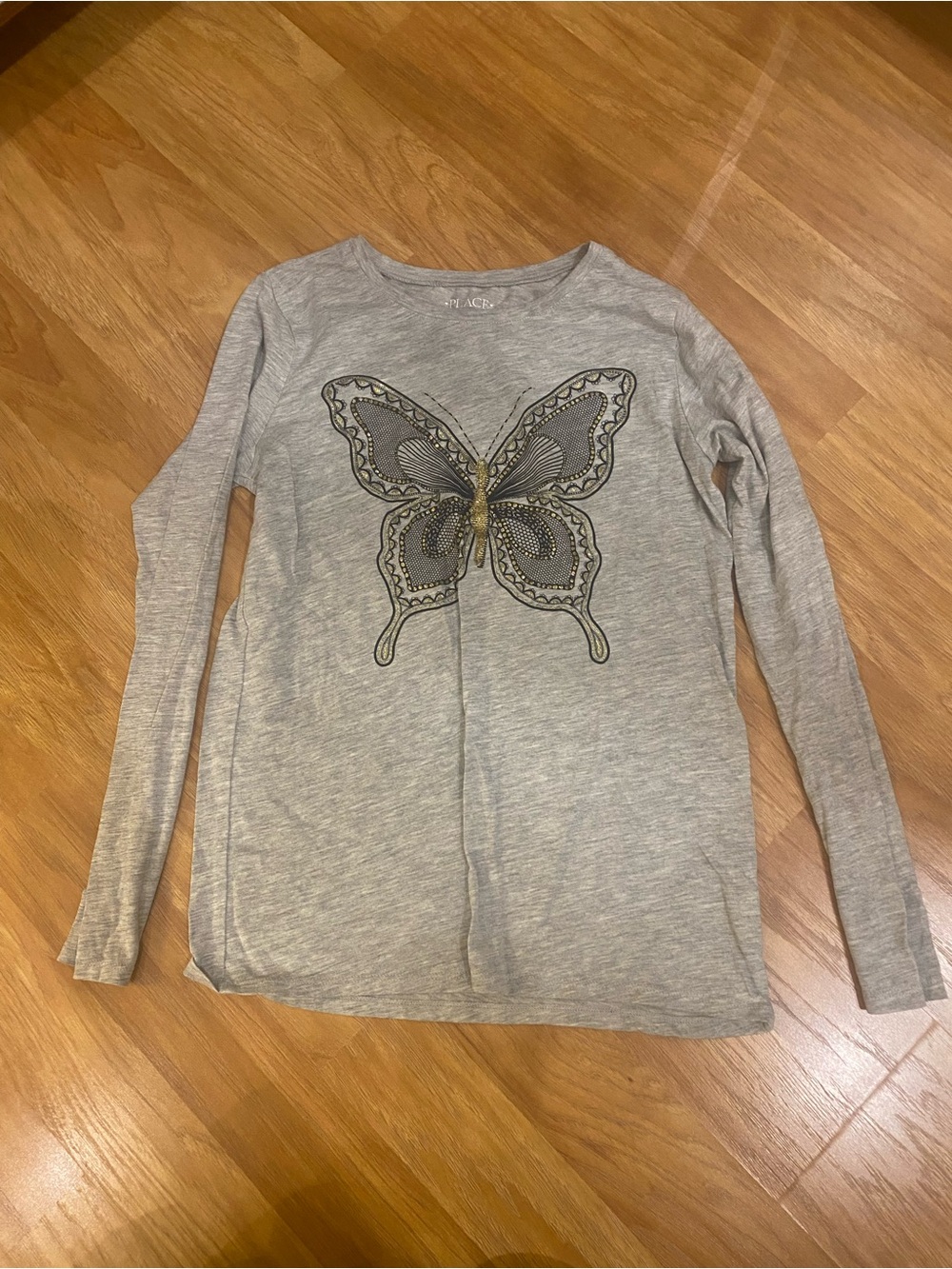 Place Girls' Gray Long Sleeve Butterfly Tee with Gold Accent